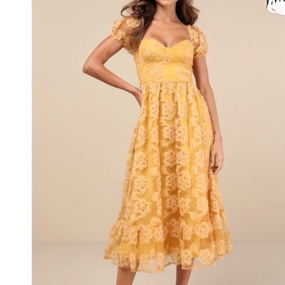 Lulus Notable Elegance Yellow Mesh‎ Floral Bustier Midi Dress Size LARGE Whimsy